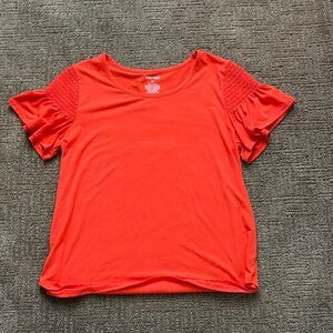 Nine West Bright Red Short Sleeve Tee with Smocked Shoulders